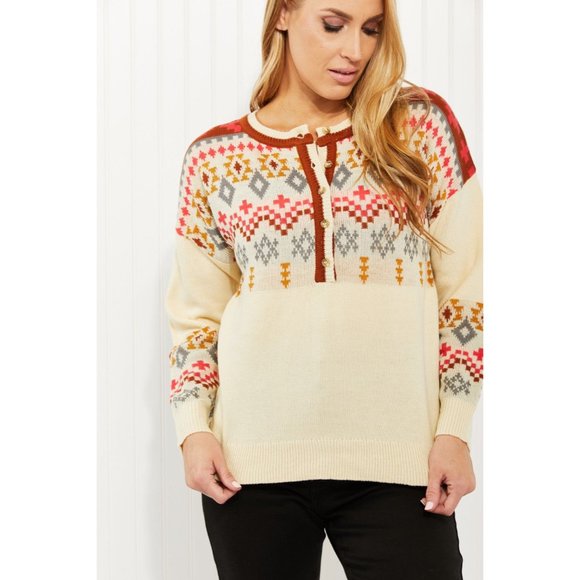 Andree by Unit Full Size Geometric Half-Button Henley Sweater - Picture 5 of 9